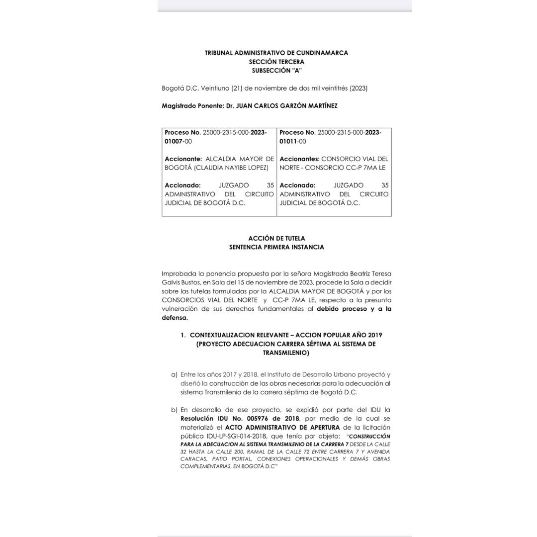 Entre otras cosas, en el momento en el que el Juzgado tomó la decisión era incierto si el proceso licitatorio iba a culminar con la adjudicación del contrato a alguno de los proponentes.  ¿Qué alegaban los demandantes? Que el Corredor Verde incumplía con el artículo 105 del Acuerdo Distrital 761 de 2020, ya que el diseño no estaba acorde al Plan de Desarrollo de la administración de Claudia López.   “Mostramos que no había coherencia entre lo que se iba a hacer y lo que se había plasmado en el plan”, le dij