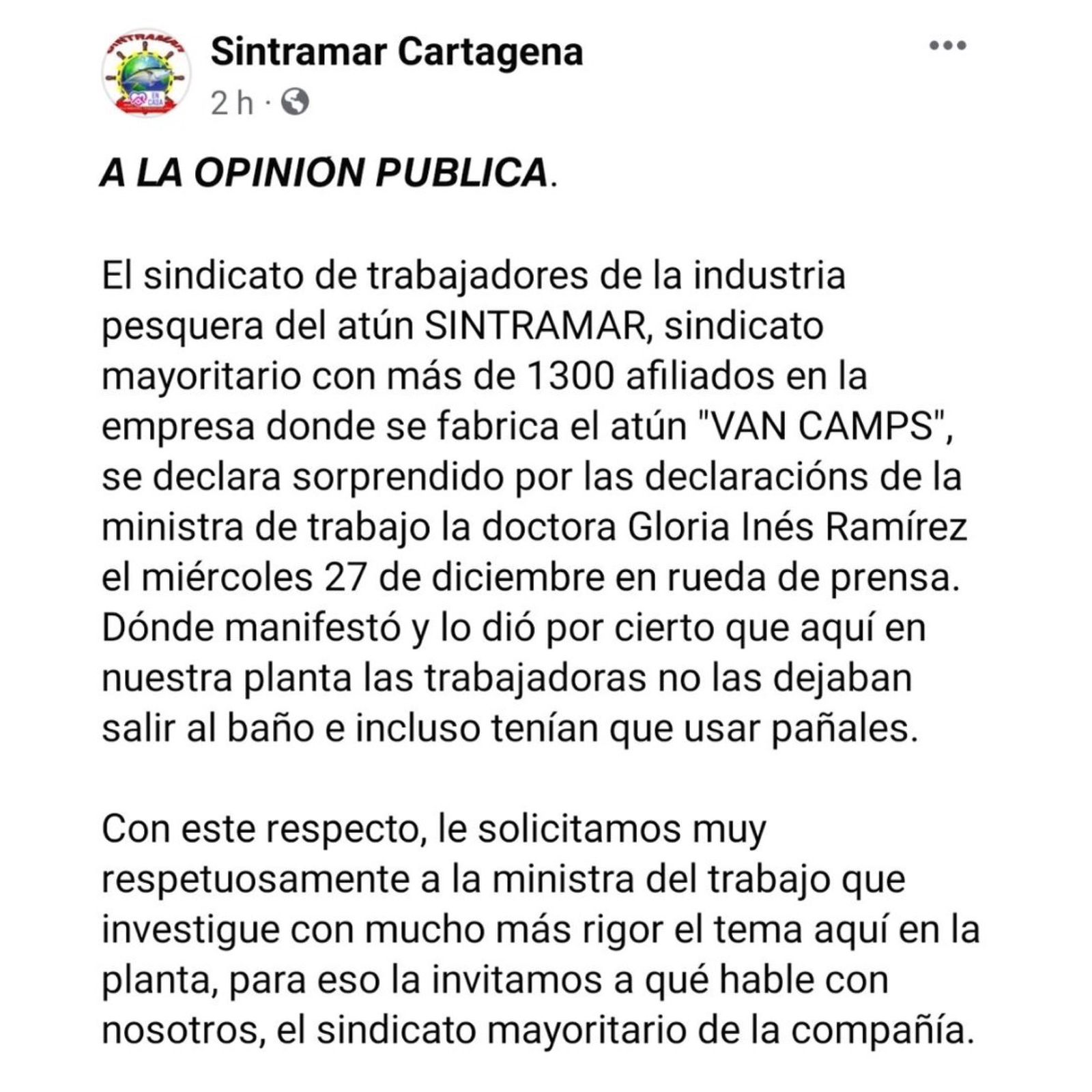 Sindicato mayoritario de Van Camp's salió en defensa de la empresa