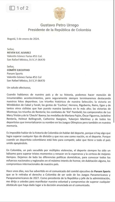 Petro envió carta a Panam Sports para que reverse su decisión: "nuestro país está a la altura" 