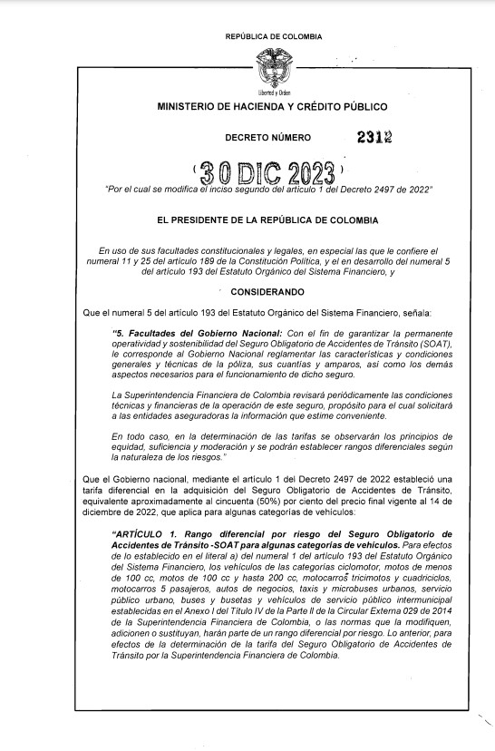 Es oficial: este será el aumento al precio del Soat en 2024. ¿Cuánto le subió el gobierno?
