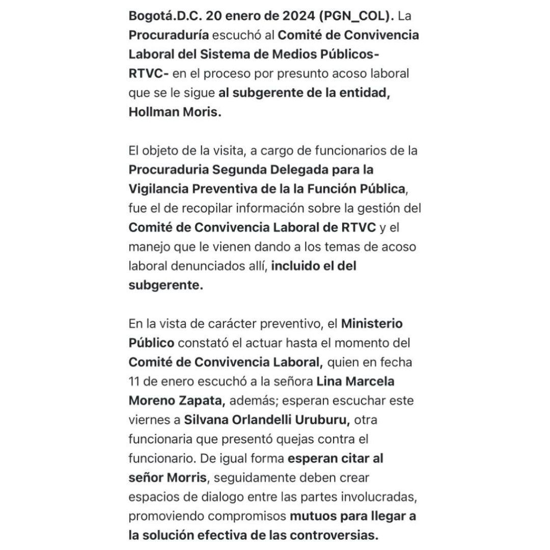 La Procuraduría informó que, luego de su visita a RTVC, llamarán a declarar a Hollan Morris: ¿qué encontraron?