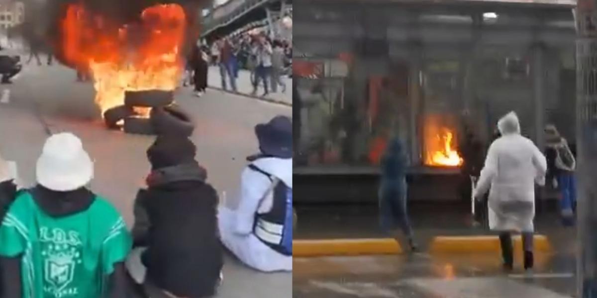 U. Nacional declaró alerta roja por disturbios: encapuchados prendieron fuego a estación de Transmilenio
