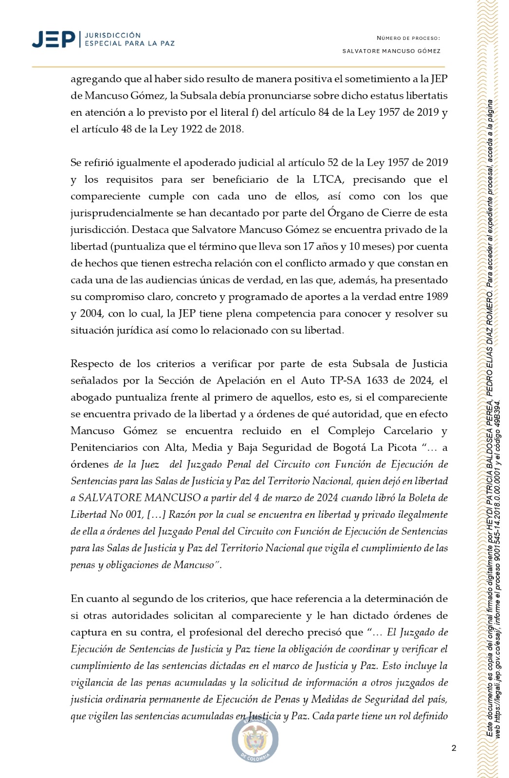 JEP niega la libertad del exjefe paramilitar Salvatore Mancuso: le contamos los detalles