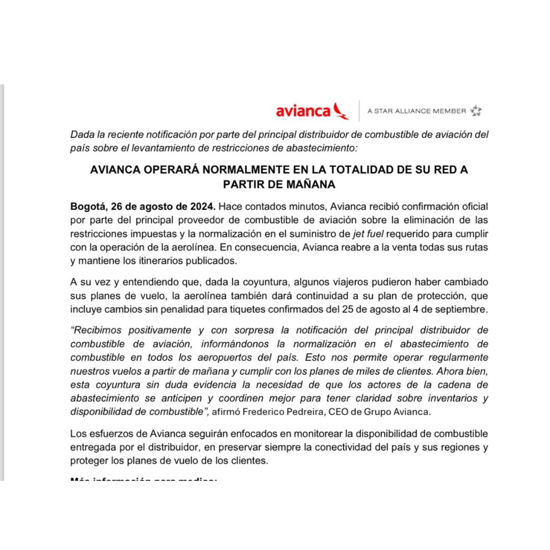 Avianca y Latam anuncian que operarán con normalidad, porque cuentan con el combustible suficiente