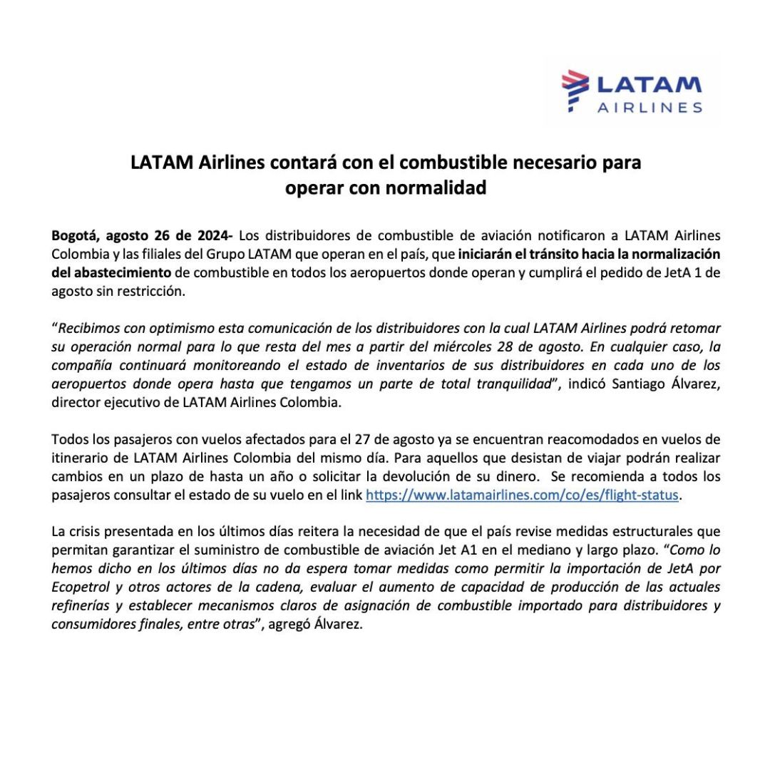 Avianca y Latam anuncian que operarán con normalidad, porque cuentan con el combustible suficiente