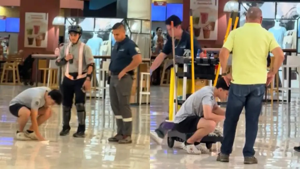 Joven tiró su gaseosa intencionalmente y guardas de seguridad lo obligaron a limpiar