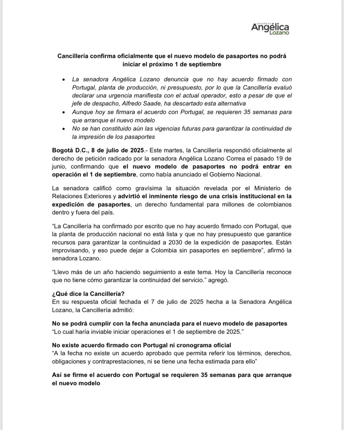 Cancillería confirma que nuevo modelo de pasaportes no estará listo en septiembre