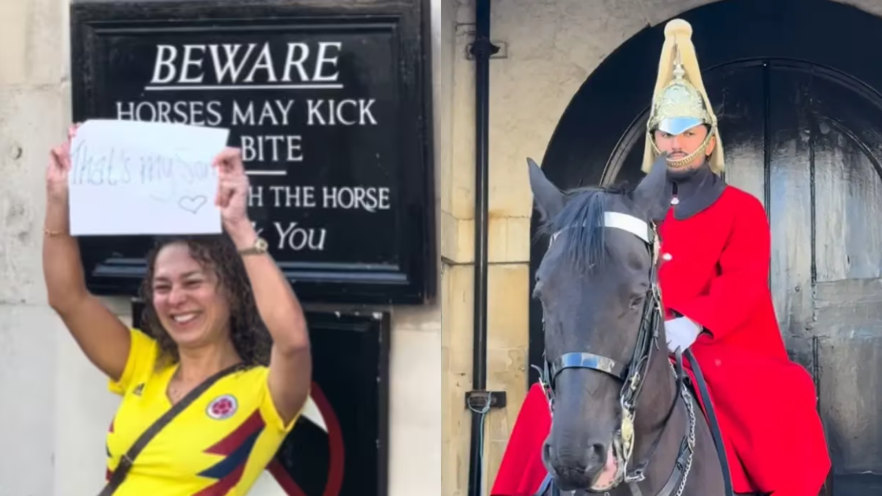 La historia detrás de video viral de colombiano en la Guardia Real Británica: su mamá sostuvo un cartel