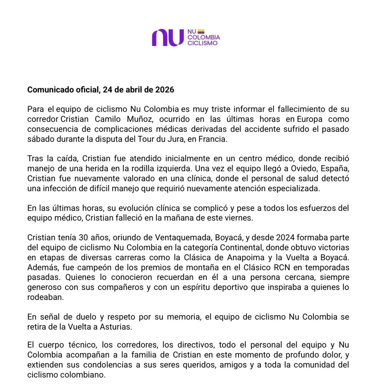 Él era Cristian Camilo Muñoz, ciclista colombiano de Nu Colombia, que falleció en accidente en Francia