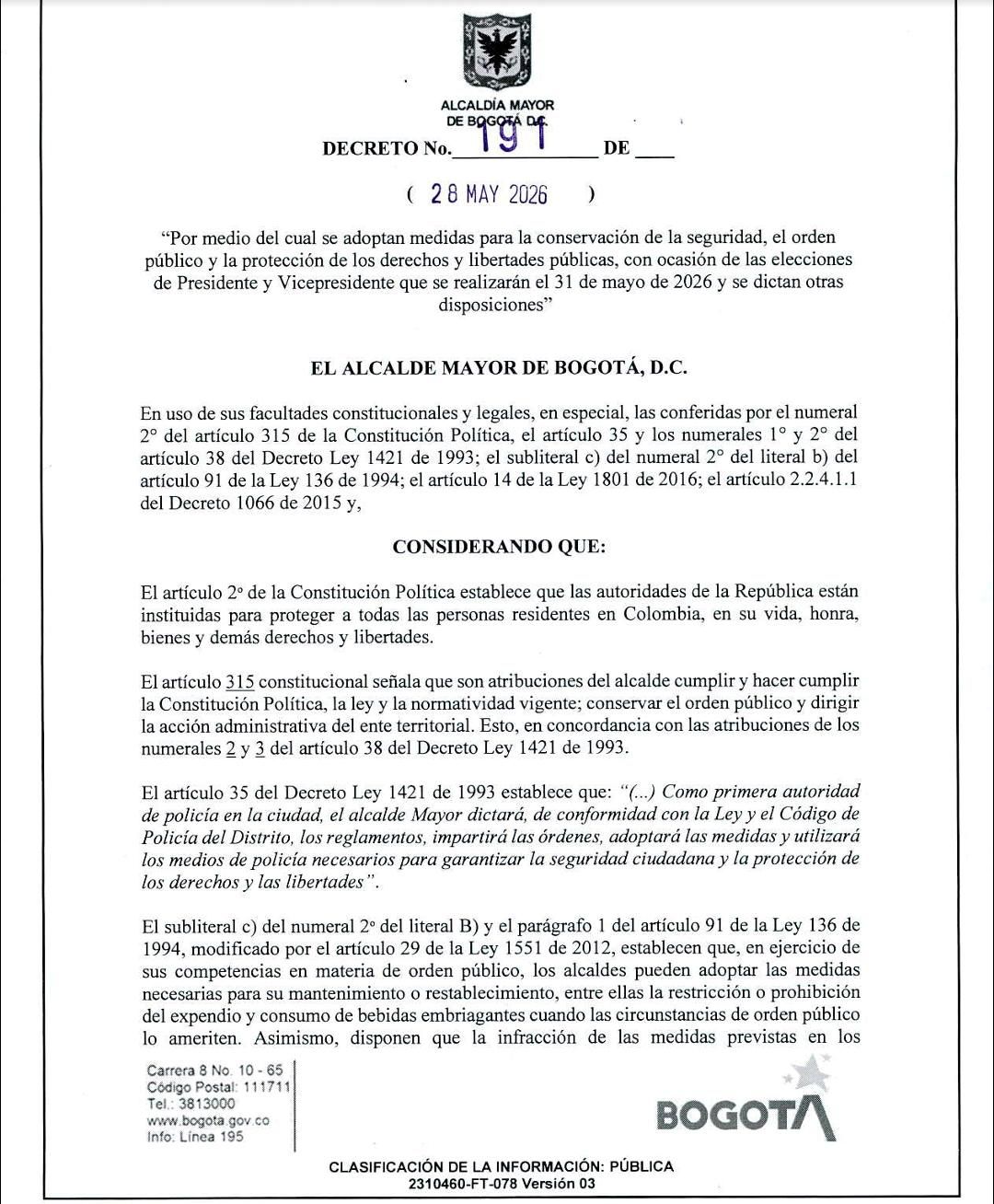 Bogotá decretó ley seca desde este viernes por las elecciones presidenciales: así regirá la medida