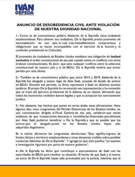 Iván Cepeda advierte desobediencia civil pacífica si De la Espriella no renuncia a ciudadanía en EE.UU.