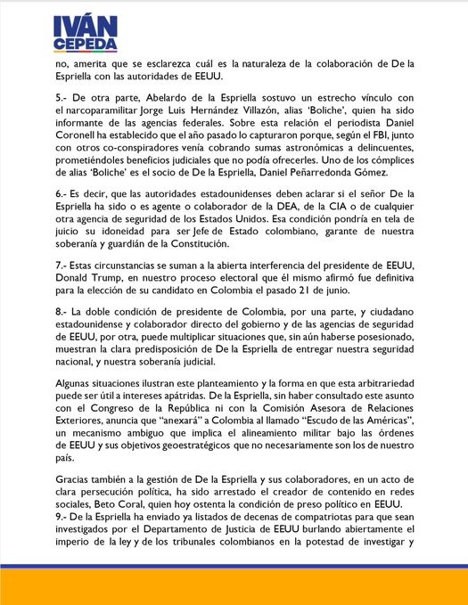 Iván Cepeda advierte desobediencia civil pacífica si De la Espriella no renuncia a ciudadanía en EE.UU.