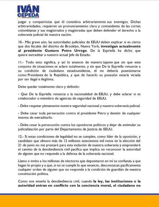 Iván Cepeda advierte desobediencia civil pacífica si De la Espriella no renuncia a ciudadanía en EE.UU.
