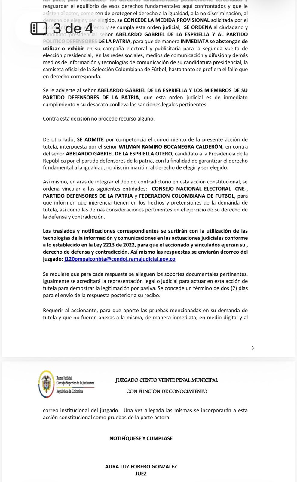 Jueza ordena a Abelardo de la Espriella dejar de usar, por ahora, la camiseta de la Selección 