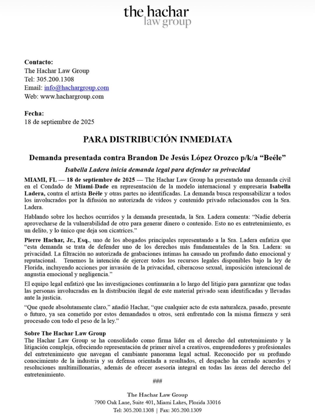Comunicado Isabella Ladera sobre demanda a Beéle