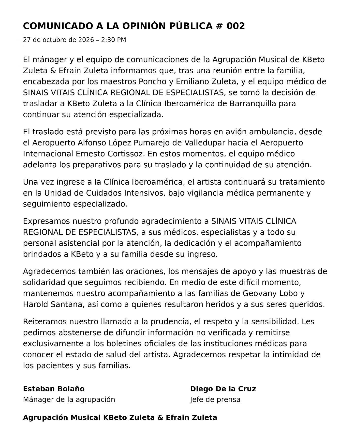 Revelan primera imagen de Kbeto Zuleta durante su traslado de clínica: ¿cuál es su estado de salud?