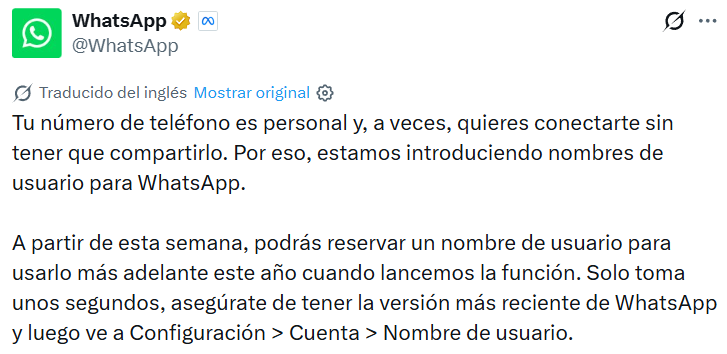 Histórico cambio en WhatsApp: ya puede reservar un nombre de usuario en lugar de su número de teléfono