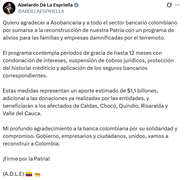 Bancos en Colombia destinarán 1,1 billones de pesos en alivios para damnificados por el terremoto