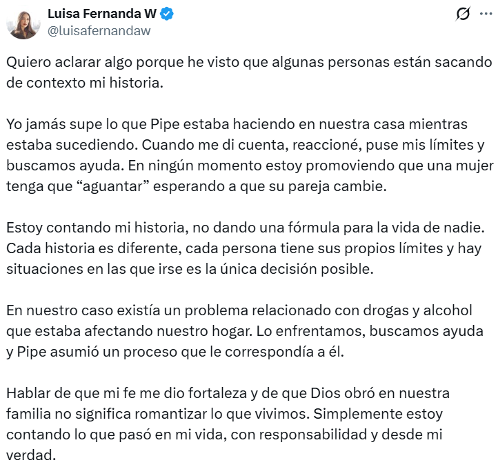 Luisa Fernanda W rompió el silencio y habló sobre las adicciones que confesó Pipe Bueno