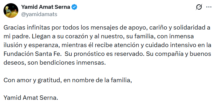 Revelan la enfermedad de Yamid Amat por la que está hospitalizado con pronóstico reservado