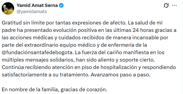 Hijo de Yamid Amat dio un nuevo reporte sobre la salud del reconocido periodista: esto dijo
