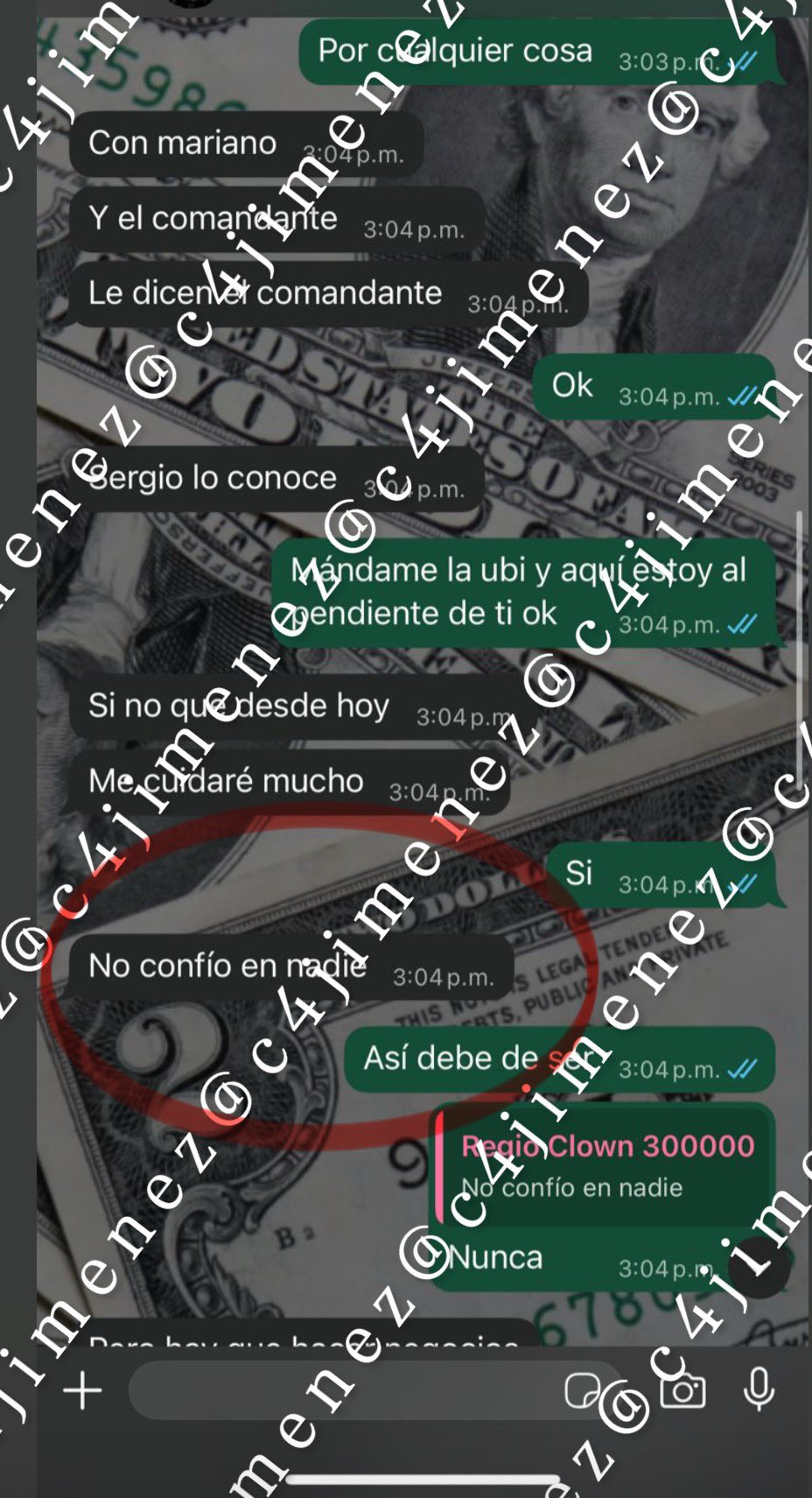 Chat de Regio Clown en el que habla de "El Comandante"