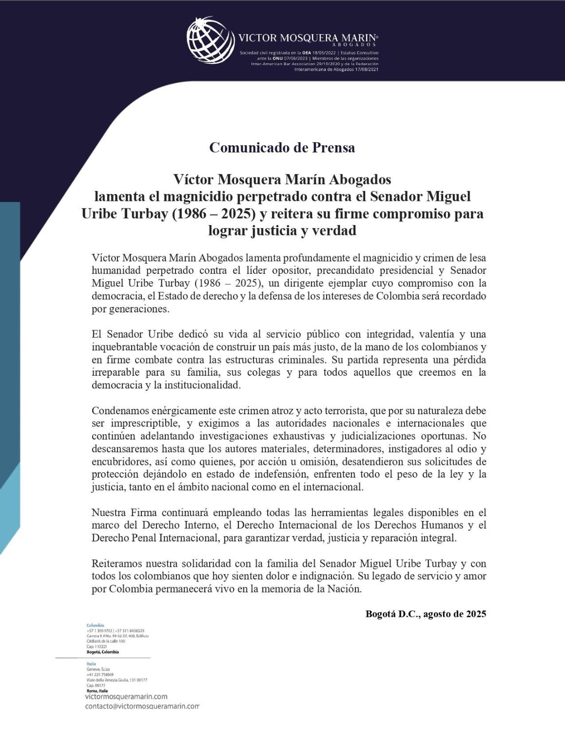 Comunicado del abogado de Miguel Uribe Turbay