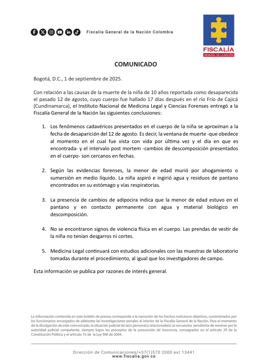 Dictamen de muerte de Valeria Afanador