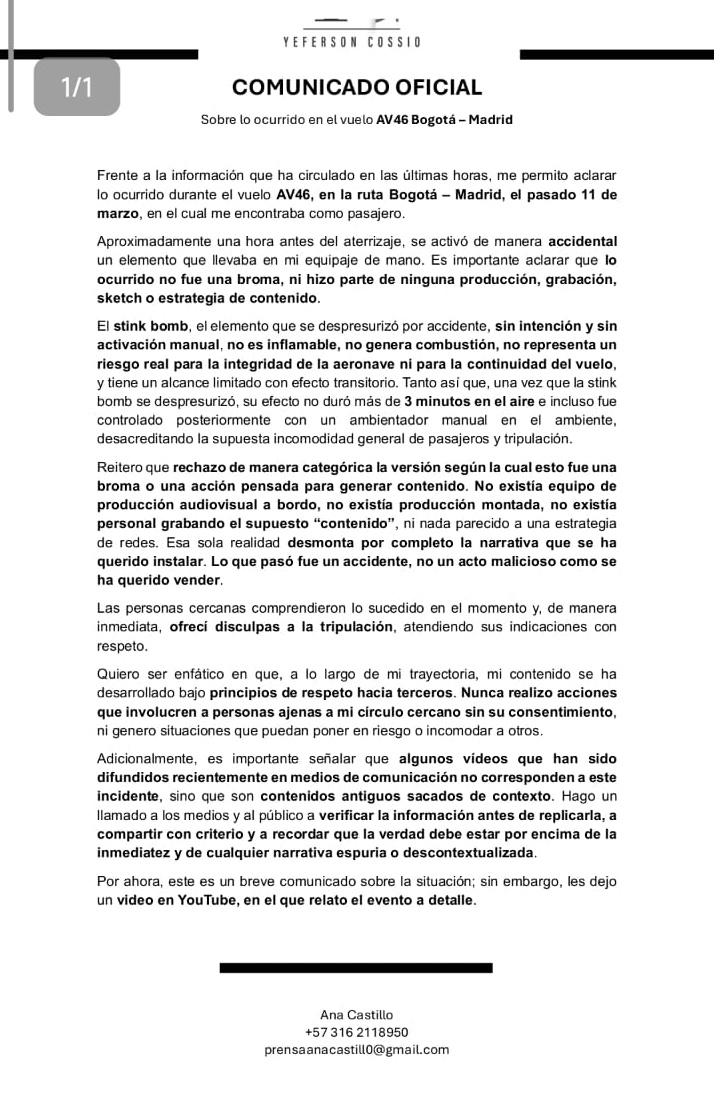 Yeferson Cossio se pronunció por “incidente” en avión de Avianca: aerolínea lanzó fuerte comunicado