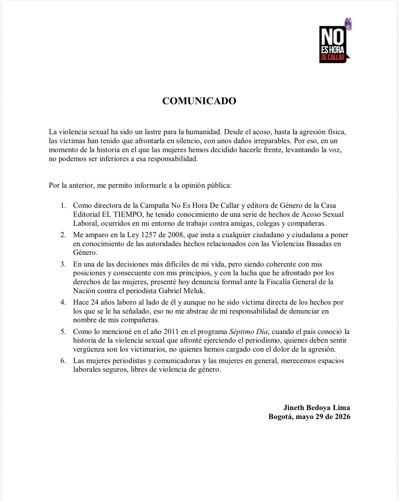 Jineth Bedoya denunciará a Gabriel Meluk tras su salida de El Tiempo y confirmó denuncias de acoso sexual