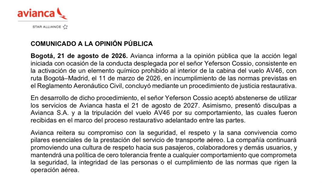 Avianca tomó dura decisión sobre Yeferson Cossio tras polémico incidente con químico en un avión