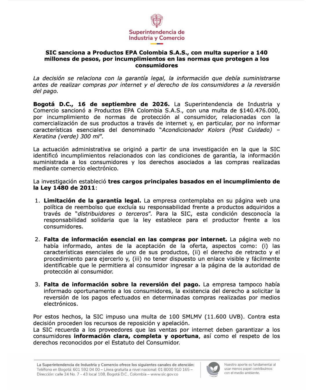 No paran las malas noticias para Epa Colombia: la SIC le impuso una millonaria multa a su empresa