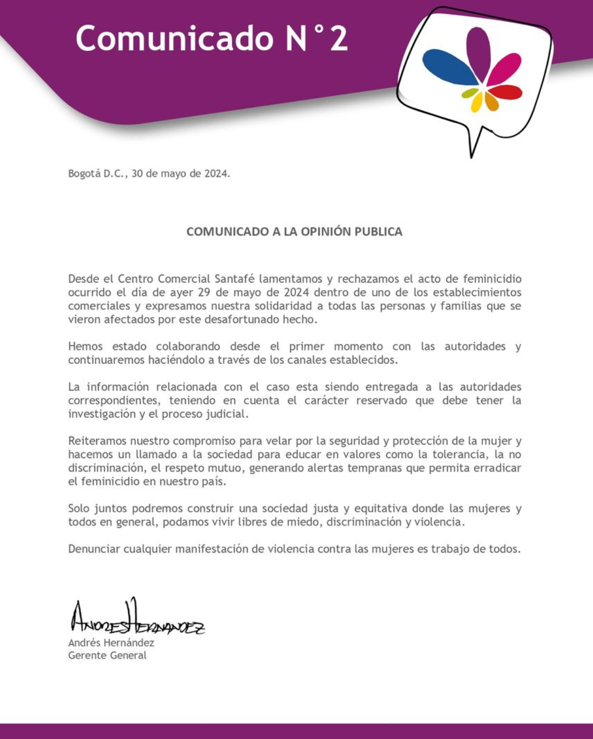 Comunicado Centro Comercial Santafé