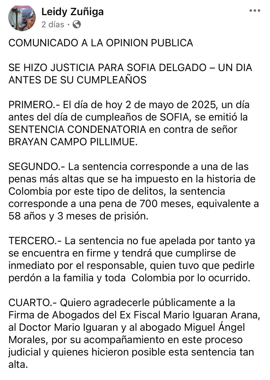 Pronunciamiento de la madre de Sofía Delgado