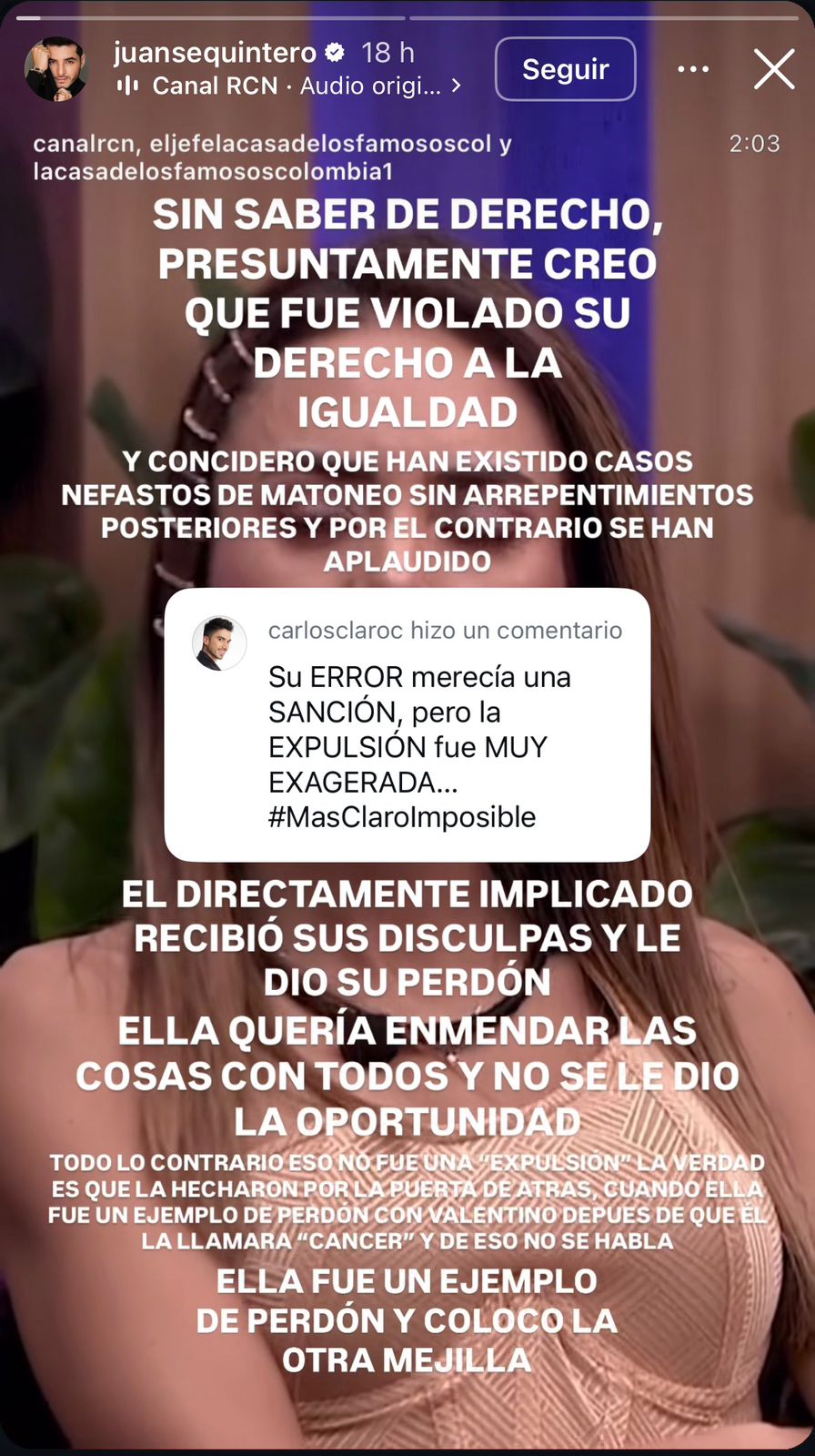 Juanse Quintero salió en defensa de Johanna Fadul y criticó la producción de La casa de los famosos