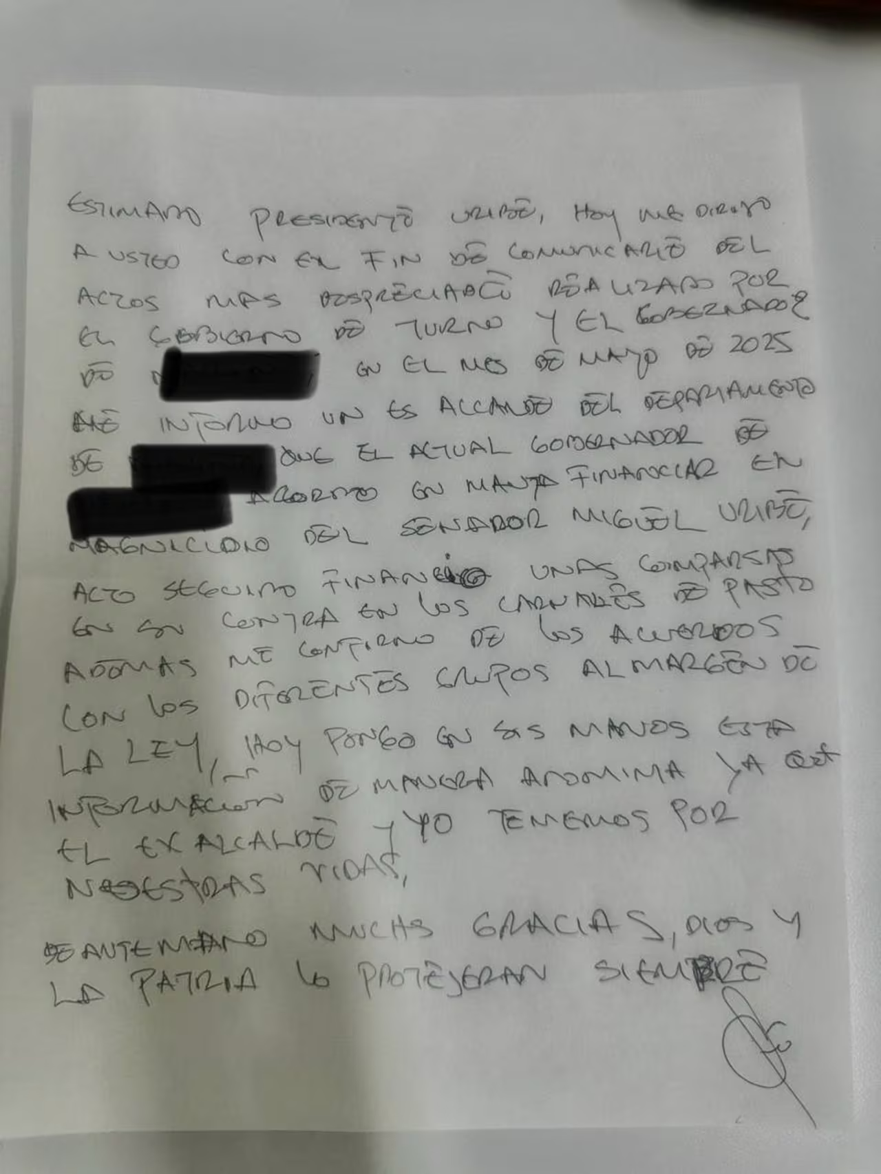 Esta es la identidad del gobernador señalado en carta anónima por el magnicidio de Miguel Uribe Turbay